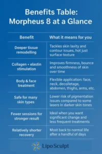How Often Can I have Morpheus 8? 3 Table showing the benefits of Morpheus 8 treatment from Lipo Sculpt Thetford